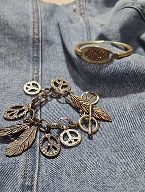 Lucky Brand Gold Cuff And  Charm Bracelet with Feather & Peace Sign Charms (Two)